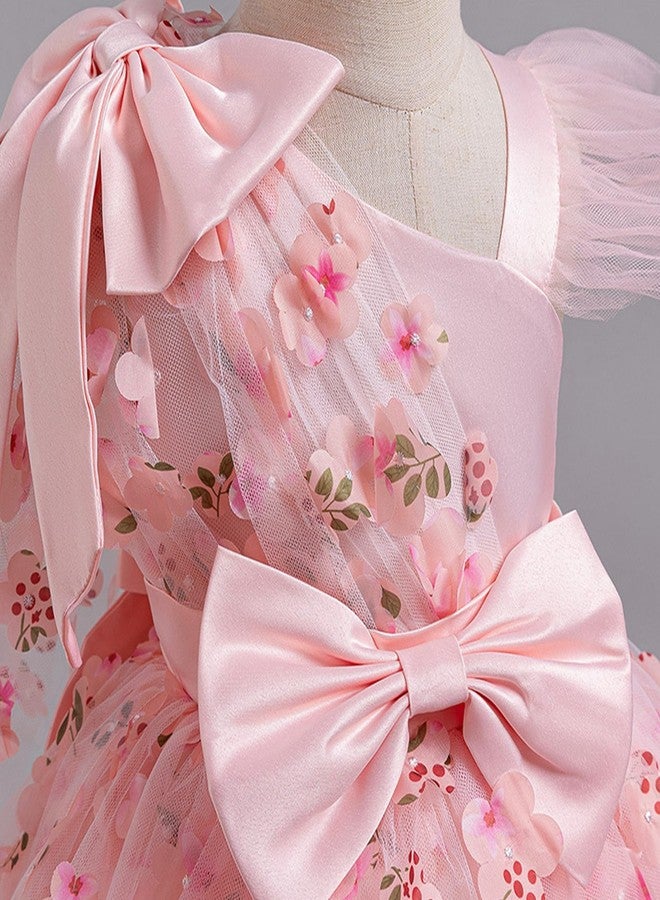 OBEEII Birthday Dress for Baby Girls 3D Flower Baptism Tutu Dress Asymmetric Shoulder Bowknot Princess Party Photoshoot Outfit Formal Prom Pageant Tulle Gown Light Pink-3D Flower 9-12 Months - Image 4